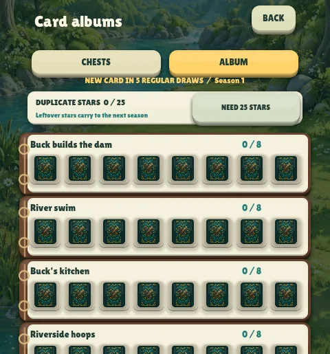 Dam! card albums screen: themed albums with card slots to collect across the season