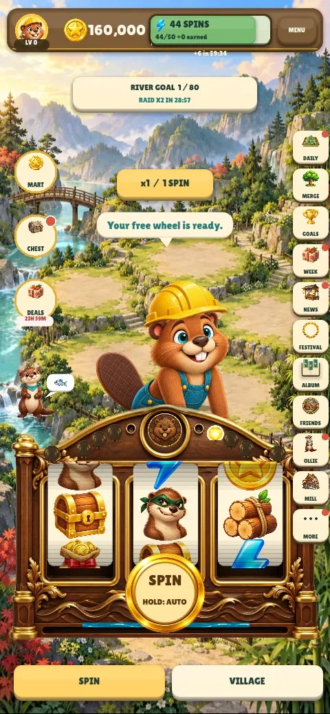 Dam! spin screen: Buck the beaver next to the river slot machine, with spins and coins in the top bar
