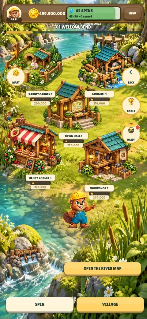Dam! village building screen: riverside buildings like the sawmill and berry bakery, with Buck on the grass